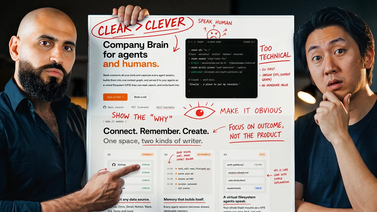 Leon Abboud reviewing a technical founder's homepage messaging