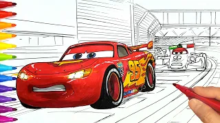 Draw LIGHTNING McQUEEN overtaking FRANCESCO in CARS 2 Tokyo Night Race Drawing and Coloring Pages