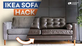 IKEA Sofa Hack Leather Slipcover Legs Tufting Makeover