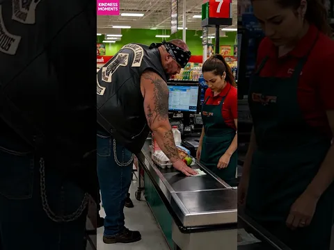 kindness biker 🏍 helps senior at grocery checkout #kindness #grocery #shorts