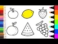 How to Draw Fruit coloring pages for kids Apple Lemon Strawberry Peach Watermelon Grape