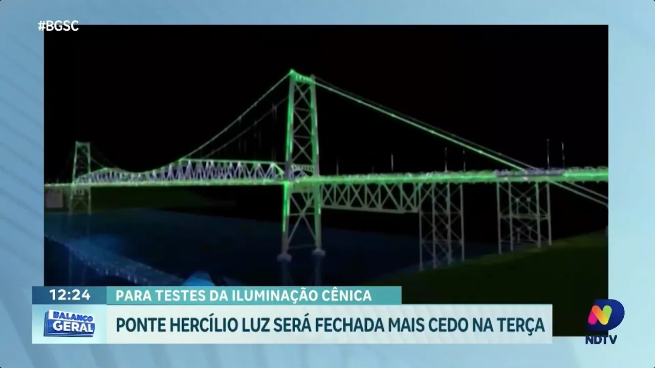 Ponte Hercílio Luz será fechada mais cedo na terça-feira para testes de iluminação cênica
