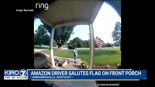 Amazon driver salutes flag on front porch
