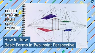 How to draw Basic Forms in Two-point Perspective Cuboid Pyramid Prism Cone Cylinder