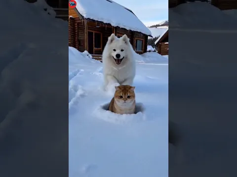 Funny dog ​​and funny cat are playing hide-and-seek in the snow😂