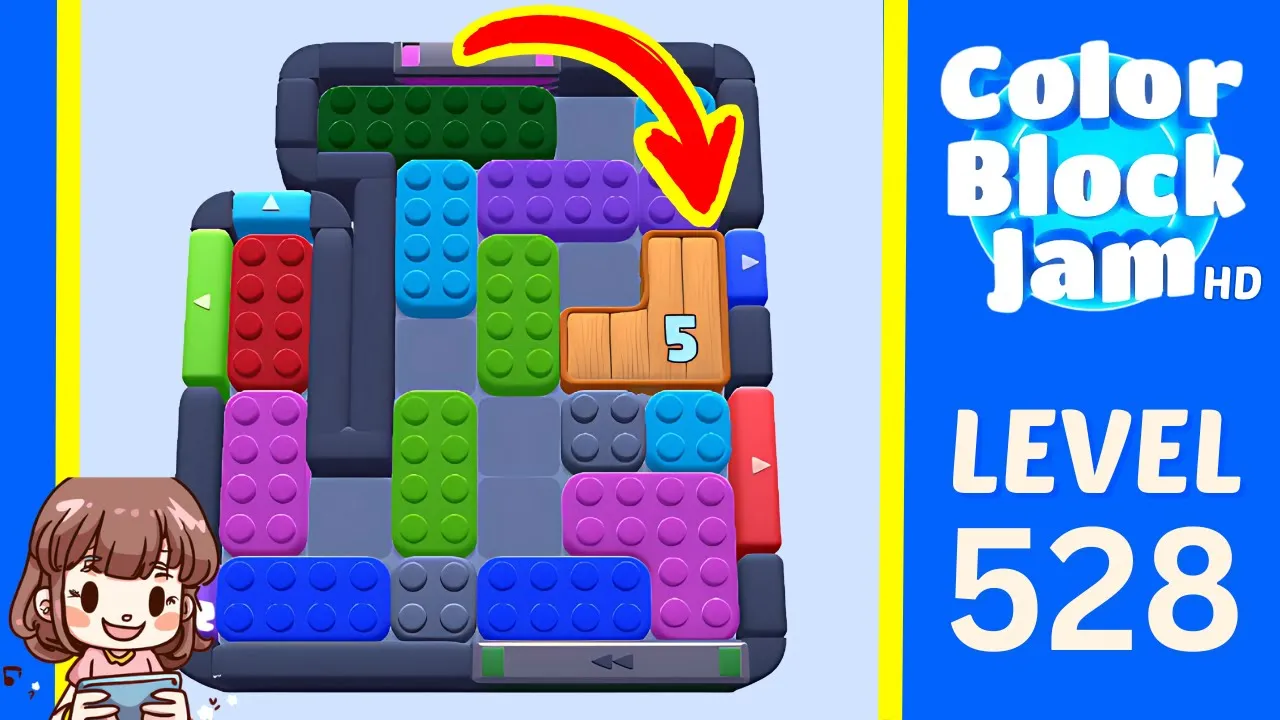 Color Block Jam Level 528 2:15 board with orange L-shaped objective counter 5 opening frame