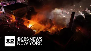 Drone shows huge fire burning in Paterson New Jersey