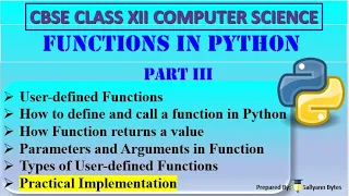 Functions in Python Part 3 User-defined Functions Parameters CBSE Class 12 Computer Science