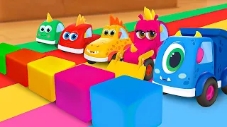 The toy cars help the little bus get out of the toy maze.