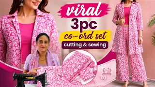 Viral /trending 3pc co-ord set cutting & sewing - coat collar shrug with straight palazzo/ tips