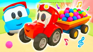 A cheerful red tractor helps Leo and his friends while singing a children's song.