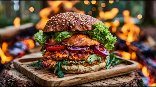 ULTIMATE SALMON BURGER! 🍔🐟🔥 Made from Scratch | ASMR Outdoor Cooking
