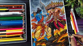 Dussehra Drawing Colour🔥, Ram & Ravan Drawing, Lord Ram Killing Ravan Drawing, Step By Step (Final)