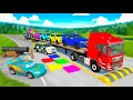Lagu Triple Flatbed Trailer McQueen Transportation with Truck - Speedbumps vs Cars vs Train - BeamNG #25