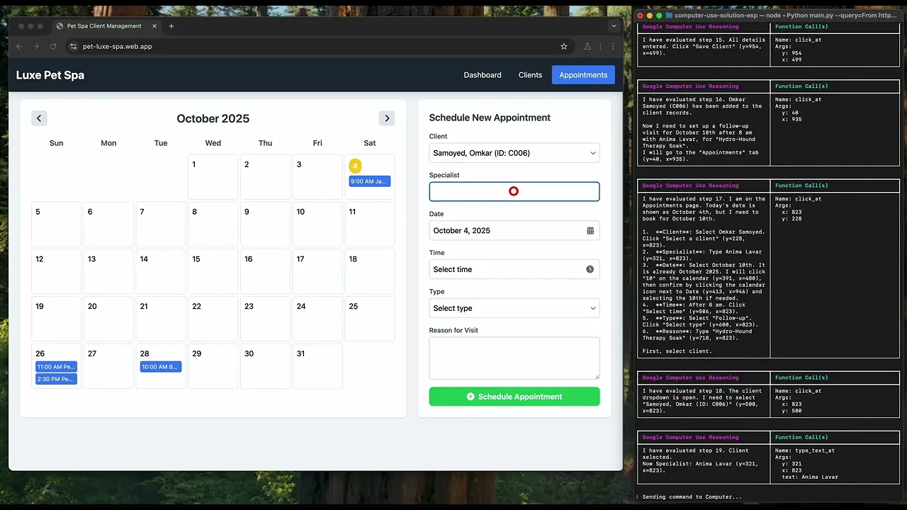 Gemini Computer Use demo at a pet spa