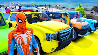 SPIDERMAN MEGA CITY RAMP CHALLENGE! MULTI SUPERHEROS BIG PRIZE! PLANES MOTOR CARS RACE GTA V
