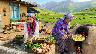 Rural life in Iran: Cooking chicken pie with fresh vegetables