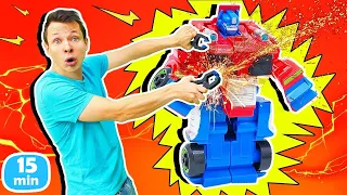 Кто самый сильный робот? Гонки игрушечных тоботов и машинок-трансформеров!