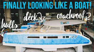 Catamaran Build: Deck, Windows and Coachroof are on!