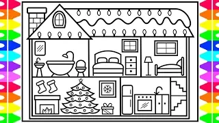 How to Draw a Christmas House with Decorations Christmas Drawing and Coloring Pages for Kids