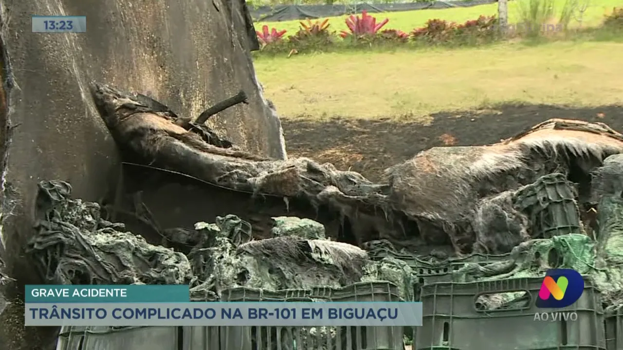 Grave acidente: caminhão pega fogo e interdita BR-101 nos dois sentidos