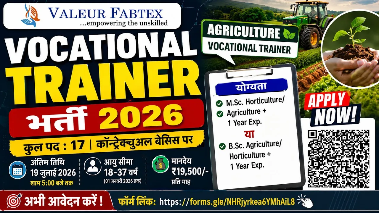 Telangana Vocational Trainer Recruitment 2026 | 17 Agriculture Posts | Apply Now