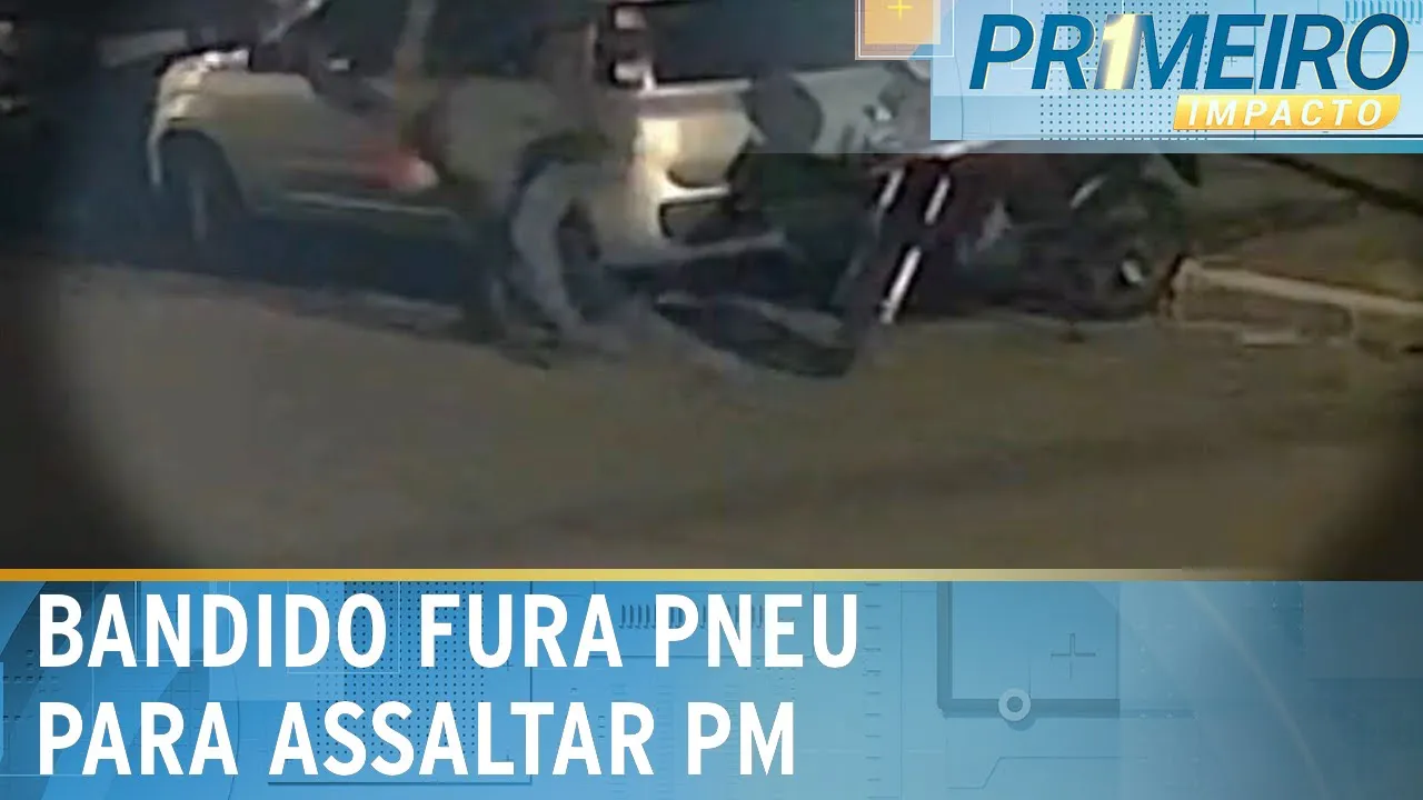 Bandido fura pneu de carro para assaltar PM em SP | Primeiro Impacto (28/11/23)