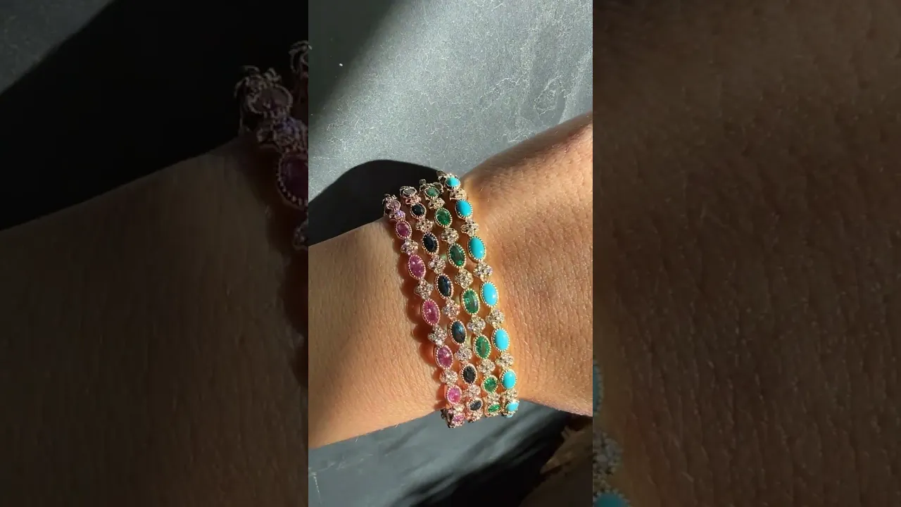 14K Gold Alternate Diamond Clover & Turquoise Bangle