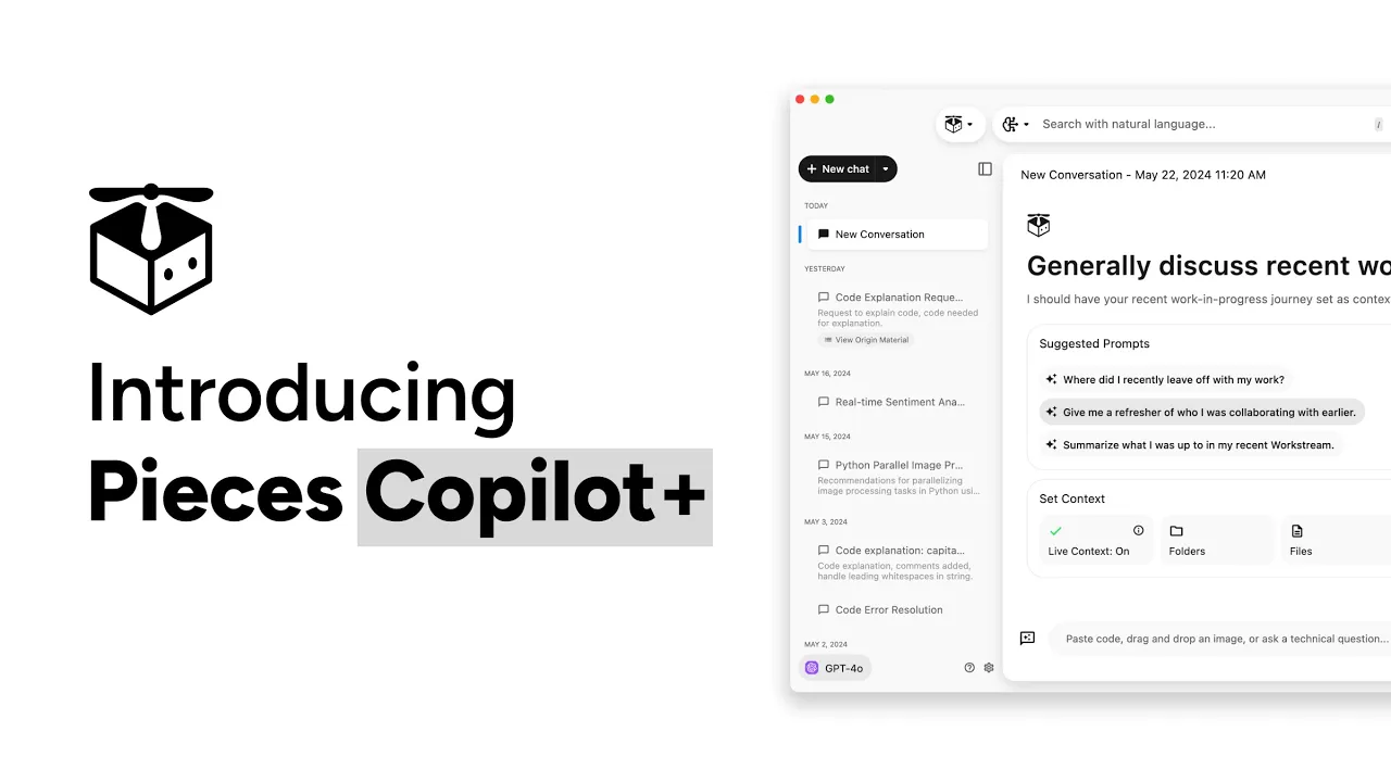 Outline Video Introducing Pieces Copilot+ | Leveraging the World's First "Live Context" Windows for LLMs