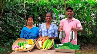 Cooking Mullet Fish and Vegetables with the family in a wood fired oven in the garden | Village Food