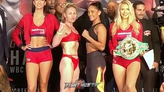 AMANDA SERRANO HEATHER HARDY GO FACE TO FACE AT WEIGH IN AT MADISON SQUARE GARDEN