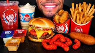 ASMR WENDY'S MUKBANG HOT CHEETOS NUGGETS CHEESEBURGER CORN DOG FROSTY FRIES JERRY EATING SHOW