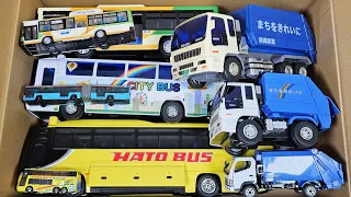 色々な種類のバスとごみ収集車のミニカーが坂道を走る走る!走行テストお願いします! Garbage Truck & Bus Minicars Run!!