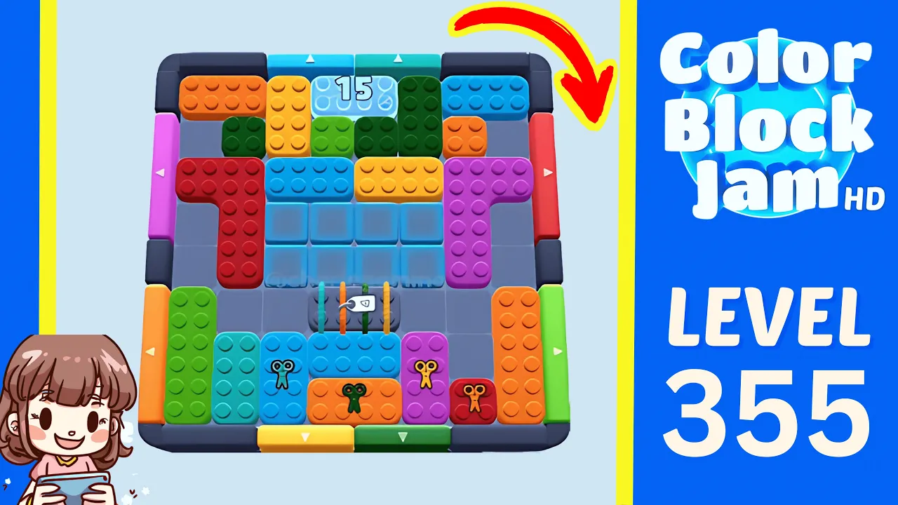 Color Block Jam Level 355 1:45 ice-lane board with countdown 15 and four key blocks opening frame
