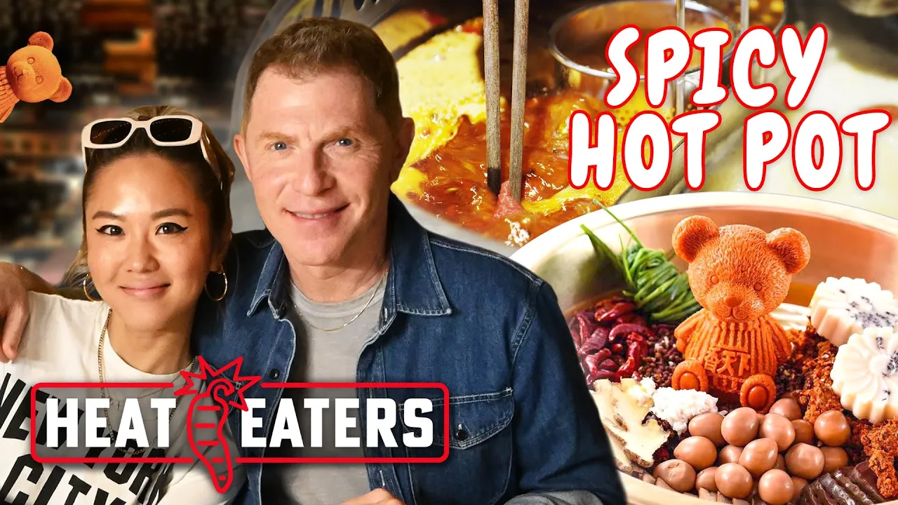 Bobby Flay Eats FIERY Hot Pot + Spicy Street Food & Chinese Noodle Tutorial!   Heat Eaters