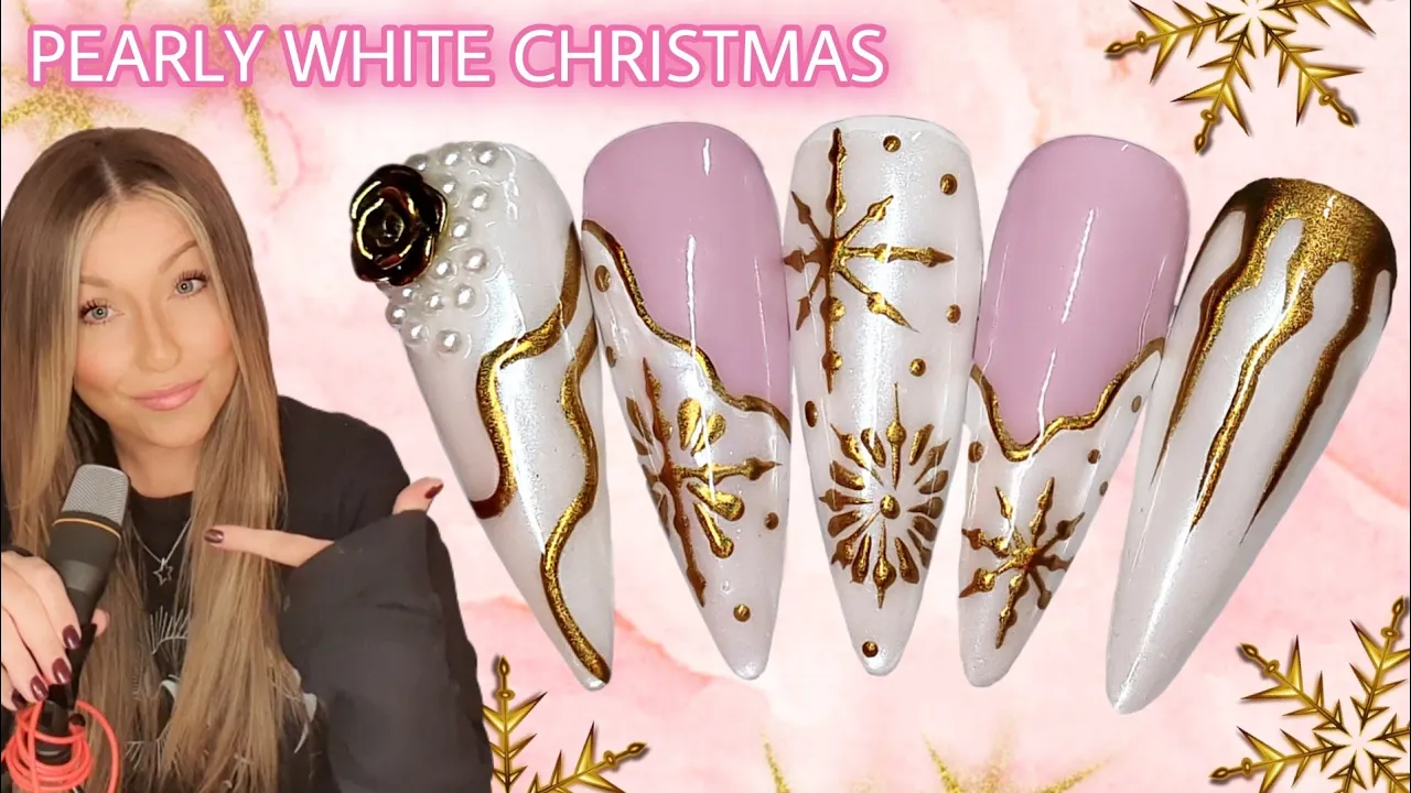 ❄️ Pearly White Snowflake Nail Art Design | Gold Christmas Nails | Easy Chrome Winter Bride Bridal