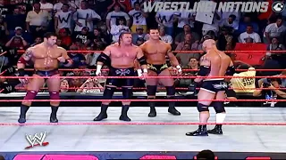 goldberg vs triple h batista and randy orton 3 on 1 match