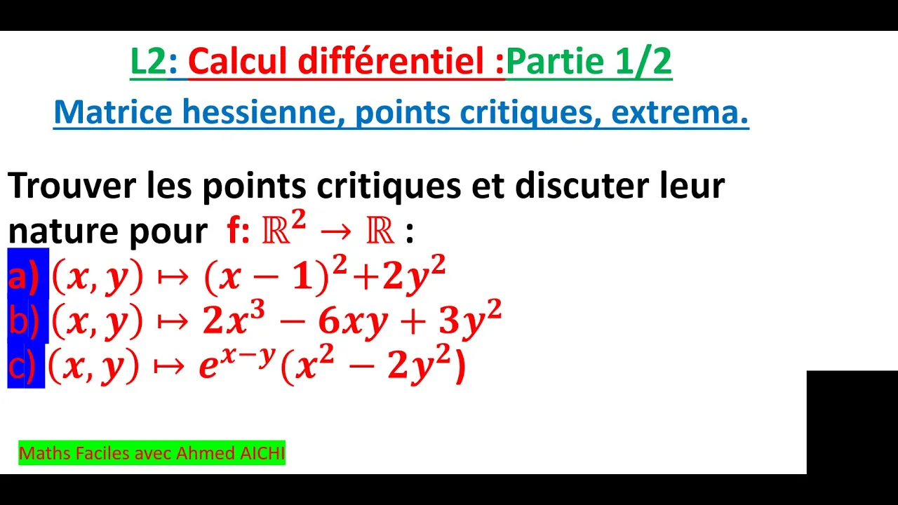 L2: Partie 1/2: Points critiques, matrices hessienne, extrema. Avec rappels de cours