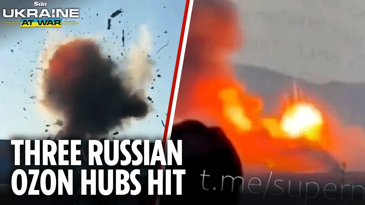 Moment Ukrainian attack drone strikes THIRD Russian Ozon logistics hub