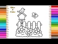 Relax Color Cute Bird Garden Coloring Page Easy Nature Scene Beautiful Garden Art