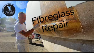 FIBREGLASS REPAIR of a 3 Foot Crack Under the Water Line  (S2 E41 Barefoot Sail and Dive)