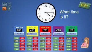 Telling Time Jeopardy game for First Grade with an automatic scoreboard
