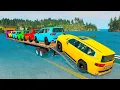 Triple Flatbed Trailer McQueen Transportation with Truck - Speedbumps vs Cars vs Train - BeamNG #247