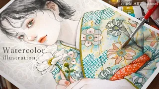 【水彩イラストメイキング】描き込みすぎない!着物の女の子👘Kimono Girl | Ink & Watercolor | Art Supplies & Painting Techniques
