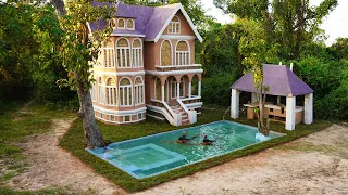 2 Man Build 2-story Ultimate Mud House With Underground swimming Pool And Pool House Kitchen