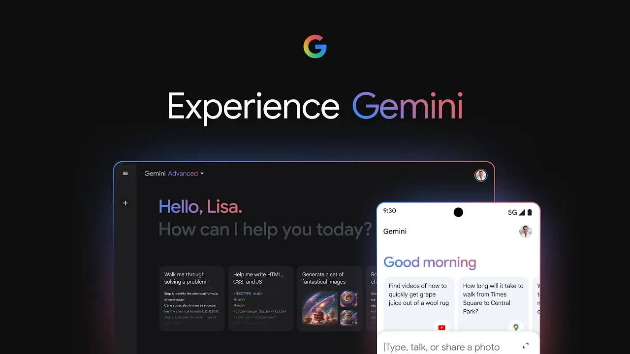 Video que explica dos nuevas experiencias (Gemini Advanced y una aplicación móvil) para ayudarte a colaborar fácilmente con lo mejor de la IA de Google.