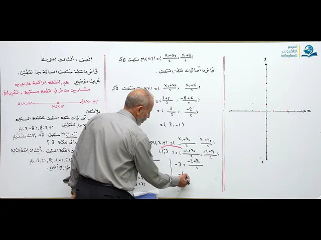 ⁣مادة الرياضيات للصف الثالث المتوسط - قانون نقطة منتصف المسافة بين نقطتين