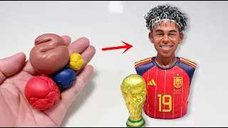 Handmade Clay Sculpture of Lamine Yamal with the World Cup Trophy | Spain Champion 2026 ⚽🏆