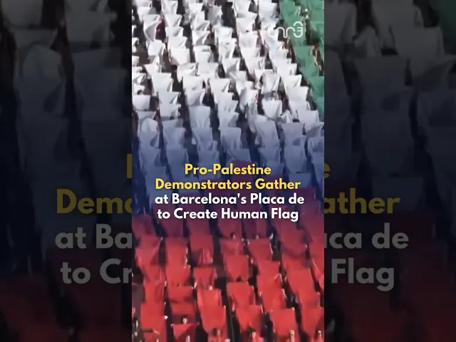 ⁣Protesters gathered at Barcelona's Placa de Catalunya to form human flag & demand boycott of Israel.