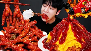 ASMR MUKANG | 불닭 요리 대결 먹방 & 레시피 불닭 닭발 vs 불닭 화산 Fire Chicken Feet VS Volcano Egg Omelet